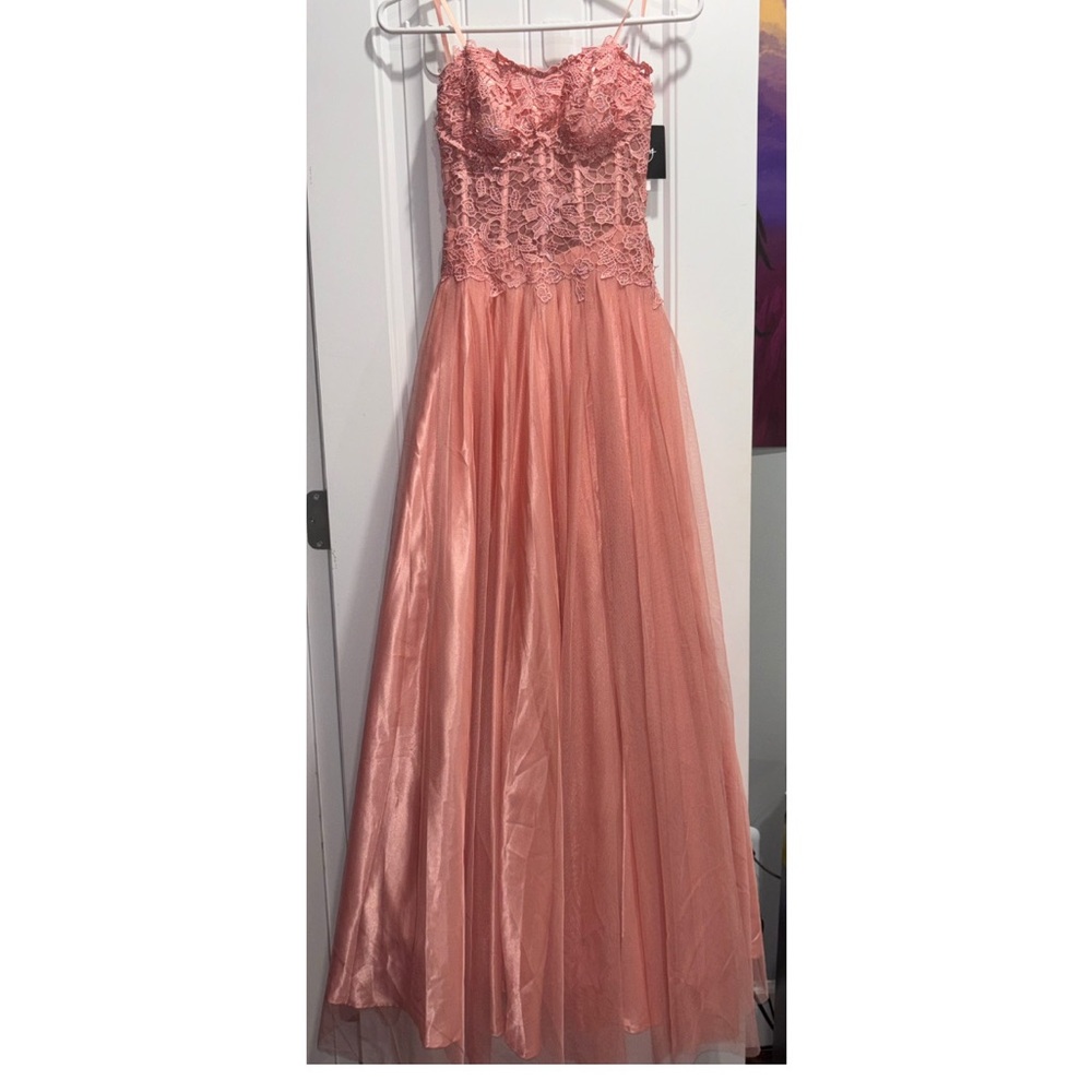by & by Pink Lace Prom Dress
